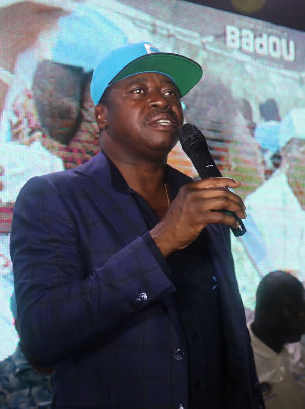 President Faure Gnassingbe and Presidential candidate of UNIR (Union for the Republic), winner of the presidential election speaks, in front of his supporters at his headquarters in Lome, Togo