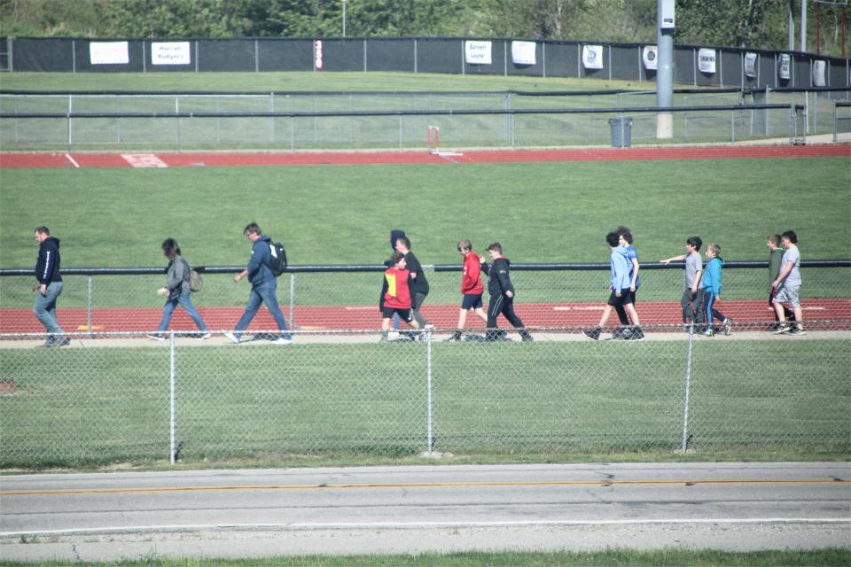 Elgin Local Schools students are evacuated to the gymnasium at the administration building during the active shooter incident scenario conducted on Wednesday, May 17, 2023. Coordinators of the exercise said they thought the Elgin staff members and students reacted very well during the event.