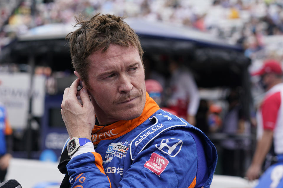 Scott Dixon, of New Zealand, looks at his speed during qualifications for the Indianapolis 500 auto race at Indianapolis Motor Speedway, Saturday, May 22, 2021, in Indianapolis. (AP Photo/Darron Cummings)