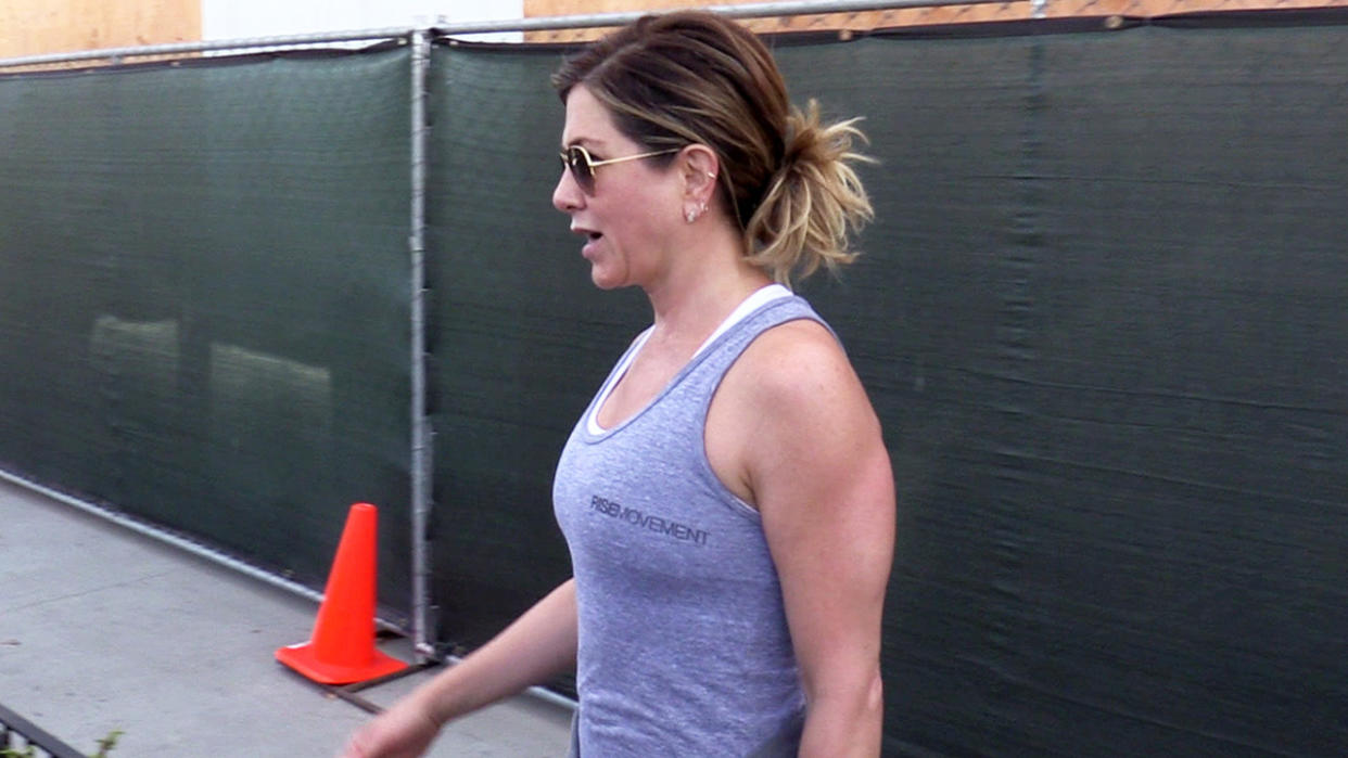 Jennifer Aniston shows off her toned arms while leaving a salon in West Hollywood <P> Pictured: Jennifer Aniston <B>Ref: SPL1316967  110716  </B><BR/> Picture by: Splash News<BR/> </P><P> <B>Splash News and Pictures</B><BR/> Los Angeles:310-821-2666<BR/> New York:212-619-2666<BR/> London:870-934-2666<BR/> photodesk@splashnews.com<BR/> </P>