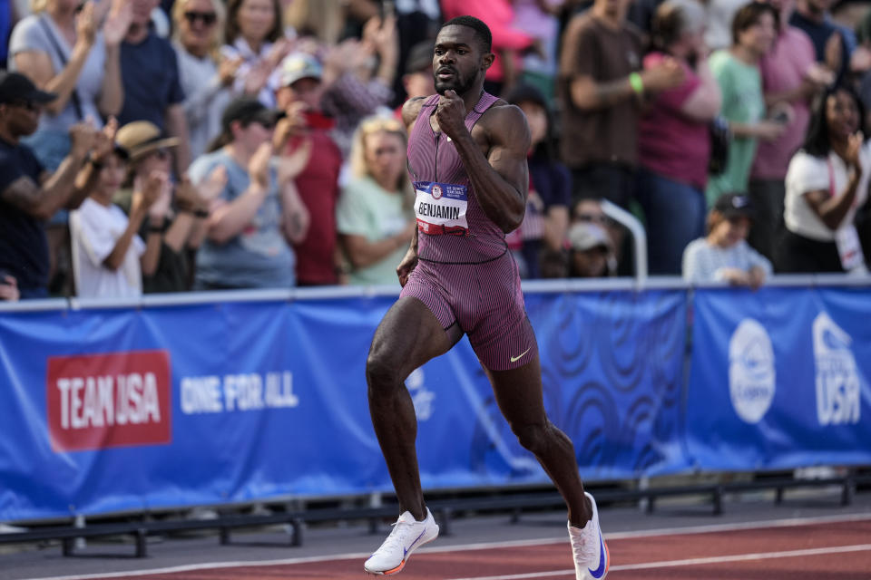 Rai Benjamin runs the men's 400-meter hurdles final during the U.S. Track and Field Olympic Team Trials, Sunday, June 30, 2024, in Eugene, Ore. (AP Photo/Charlie Neibergall)