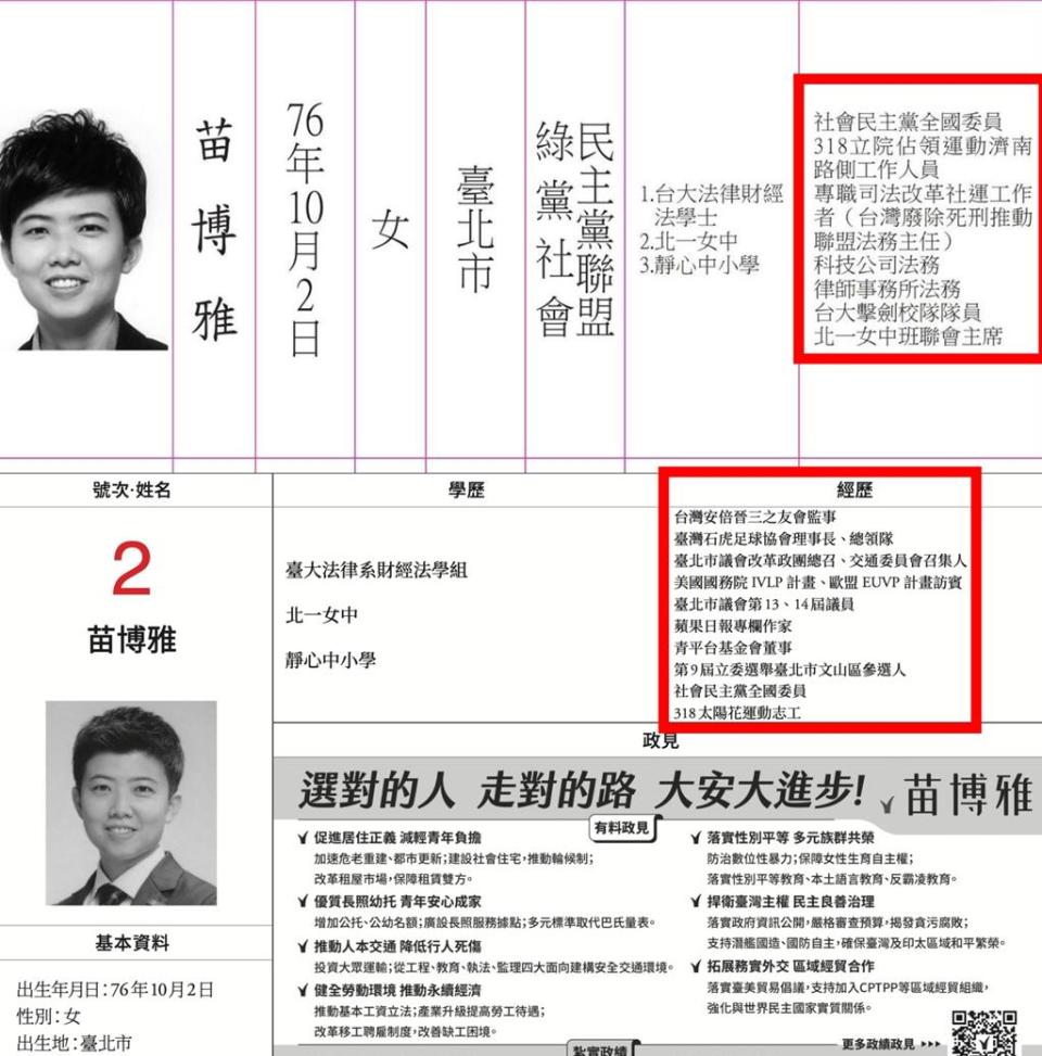 國民黨北市六選區立委候選人羅智強4日表示，同區的社民黨立委候選人苗博雅於選舉公報中「廢死聯盟法務主任」的經歷消失。苗博雅則回擊，選舉公報的每個欄位都有篇幅限制，自己只是按照時間序排列經歷。（摘自選舉公報／丁上程台北傳真）