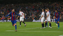 Soccer Football - Barcelona v Sevilla - Spanish La Liga Santander - Camp Nou stadium, Barcelona, Spain - 5/04/2017. Barcelona's Lionel Messi celebrates a goal against Sevilla. REUTERS/Albert Gea