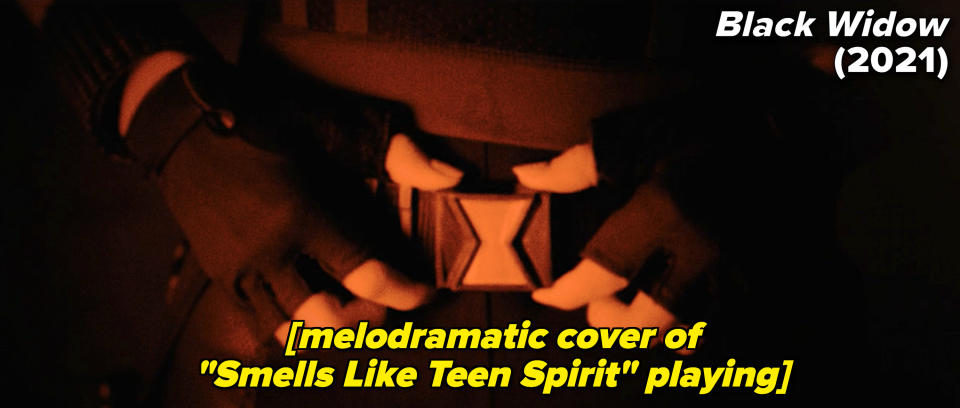a scense in black widow where the subtitles tell that a melodramatic cover of smells like teen spirit is playing