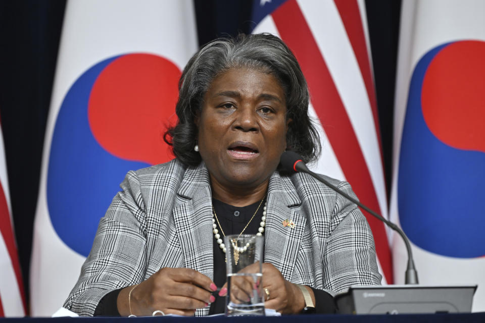 U.S. Ambassador to the United Nations Linda Thomas-Greenfield speaks during a press conference at the American Diplomacy House in Seoul Wednesday, April 17, 2024. (Jung Yeon-je/Pool Photo via AP)