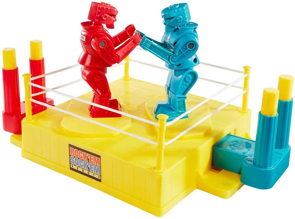 Mattel's classic Rock 'Em sock 'Em robots game, with a yellow ring and blue and red boxers
