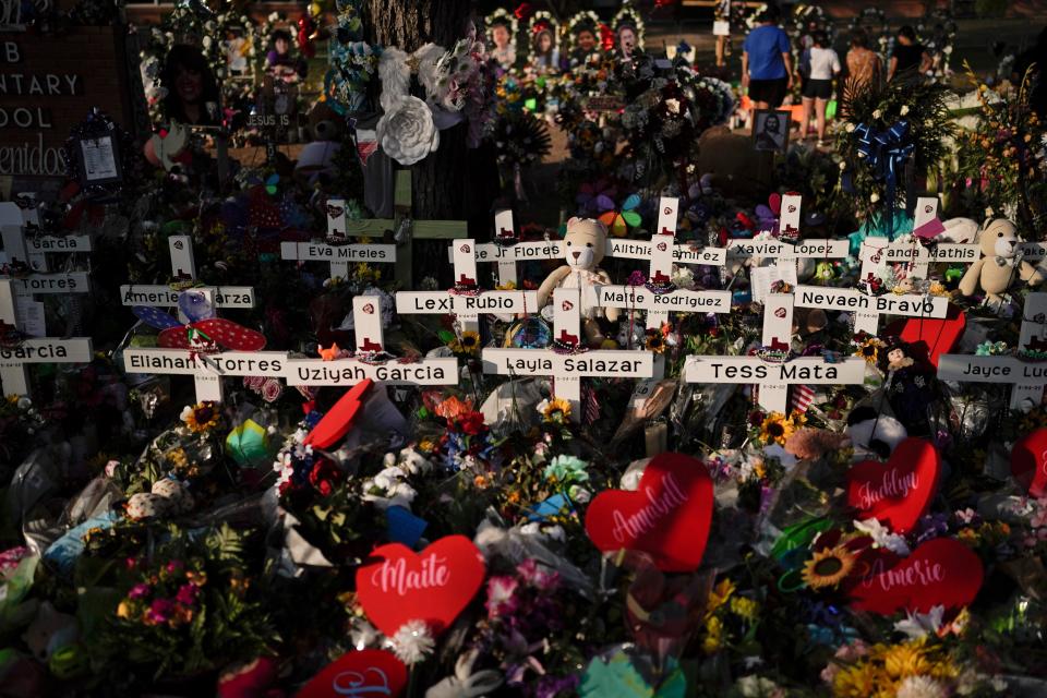 Memorial crosses on May 31, 2022, in Uvalde, Texas, with the names of the school victims killed.