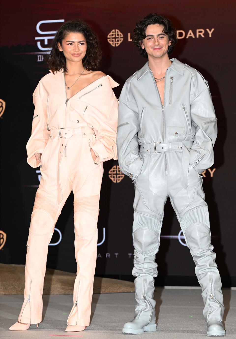At a Dune: Part Two press conference in Seoul, Zendaya and Timothée Chalamet wore coordinating Juun.J boilersuits.