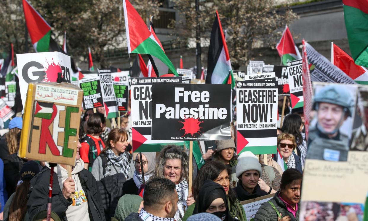 <span>Pro-Palestine protesters hold flags, and placards during a demonstration in central London.</span><span>Photograph: Steve Taylor/Sopa Images/Rex/Shutterstock</span>