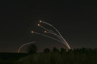 The Israeli Iron Dome air defense system takes out rockets fired from Gaza near Sderot, Israel, on May 4, 2019. (AP Photo/Ariel Schalit)