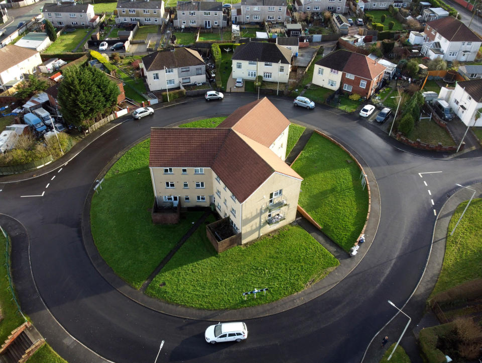 A block of flats is located in the middle of a roundabout in Penywaun, Aberdare, Wales. (Wales News Service)