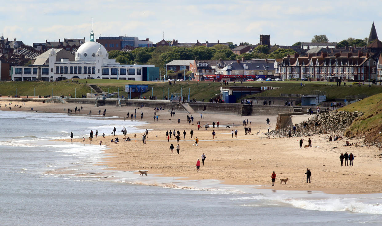 Whitley Bay beach as people are urged not to flock to coastal towns and mational parks across England during the warm weather. (Photo by Owen Humphreys/PA Images via Getty Images)