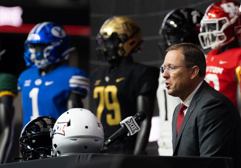 Cincinnati head coach Scott Satterfield speaks speaks to media members during Big 12 Media Days in AT&T Stadium in Arlington, Texas, July 13, 2023.