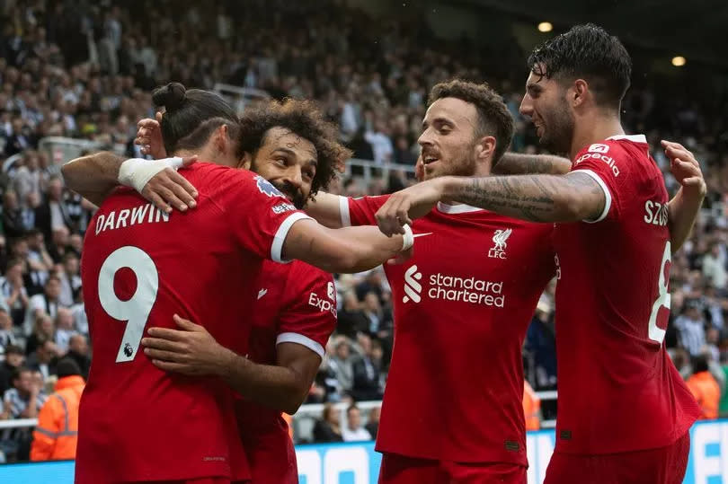 Darwin Nunez of Liverpool celebrates scoring his second goal