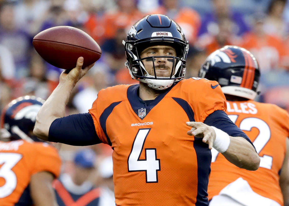 Denver Broncos quarterback Case Keenum throws a pass against the Minnesota Vikings during the first half of an NFL preseason football game Saturday, Aug. 11, 2018, in Denver. (AP Photo/Jack Dempsey)