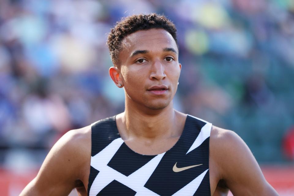 Donavan Brazier looks on in the first round of the men's 800 Meters during the 2020 U.S. Olympic Track & Field Team Trials at Hayward Field on June 18, 2021.
