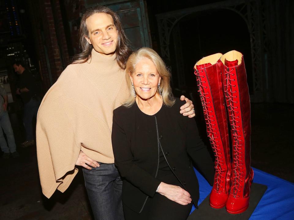 new york, ny march 05 jordan roth and daryl roth pose as kinky boots on broadway donates costumes and boots to the smithsonian archives at the al hirshfeld theatre on march 5, 2019 in new york city photo by bruce glikasbruce glikaswireimage