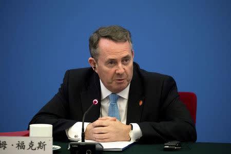 British Secretary of State for International Trade Liam Fox speaks during the inaugural meeting of the UK-China CEO Council at the Great Hall of the People in Beijing, China January 31, 2018. REUTERS/Mark Schiefelbein/Pool