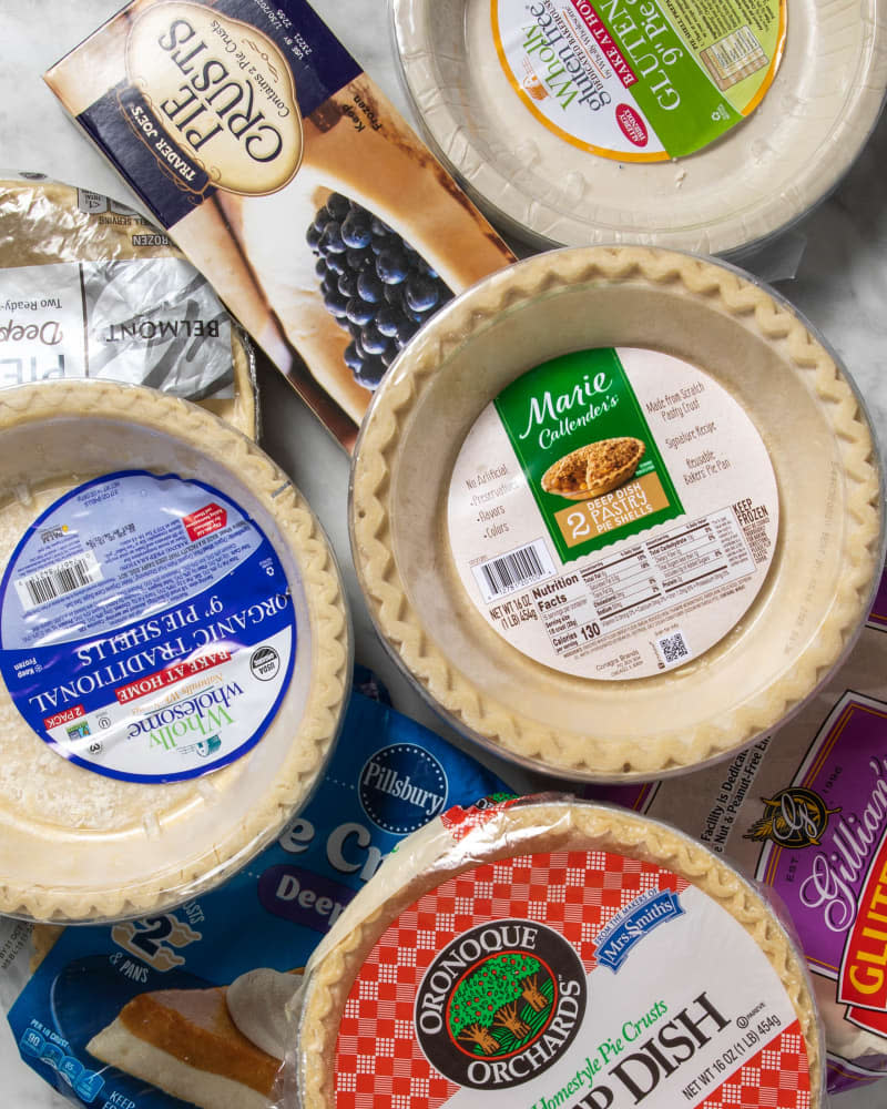 Overhead view of assorted frozen pie crusts.