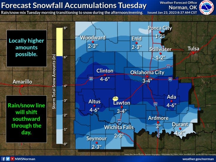 The National Weather Service in Norman is predicting accumulating snowfall late Monday into Tuesday.