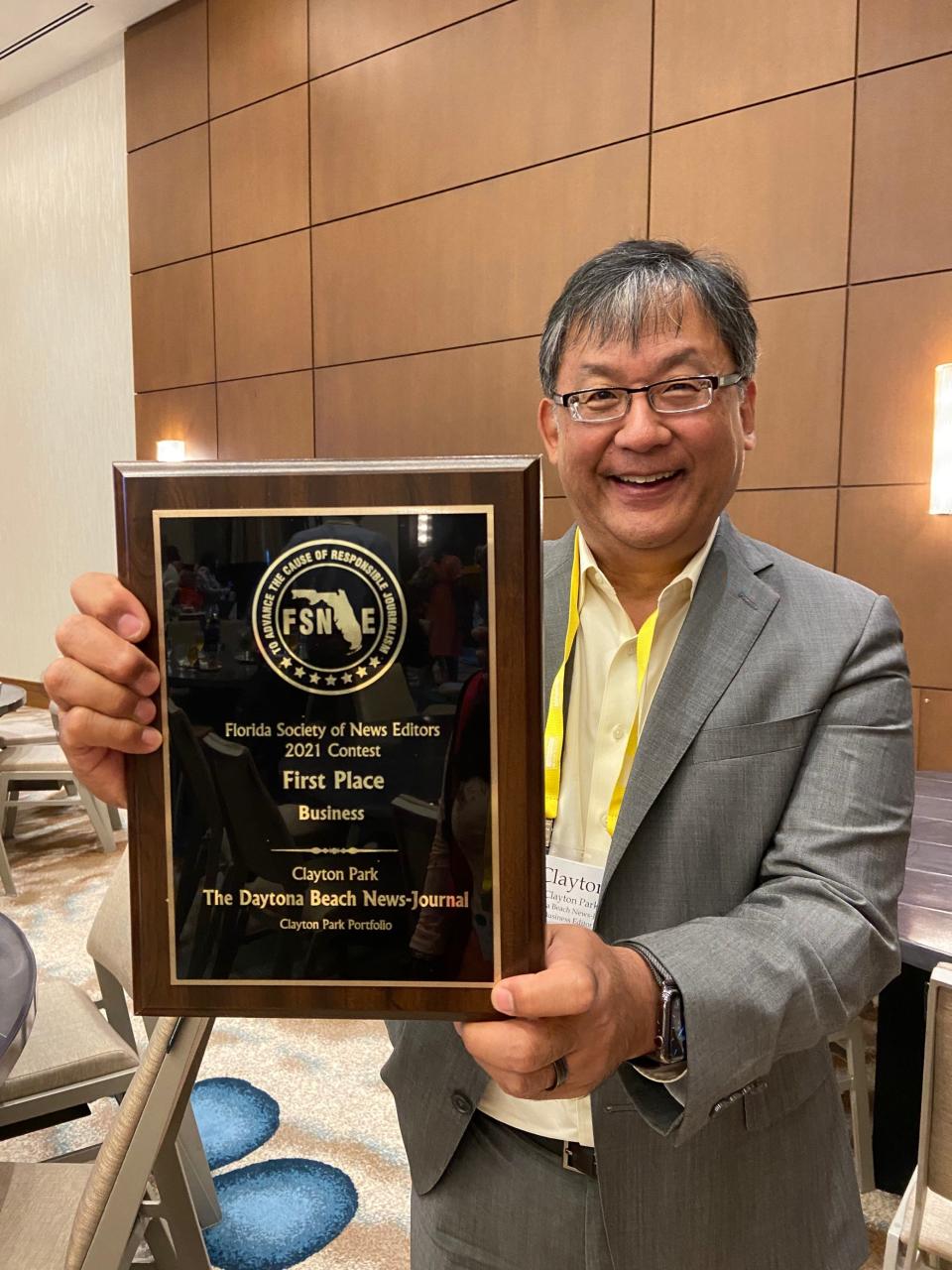 Clayton Park, business editor at Daytona Beach News-Journal, won first place in a Florida Society of News Editors contest for business reporting in 2021. Park attended the FSNE awards ceremony in Sarasota in July 2021.