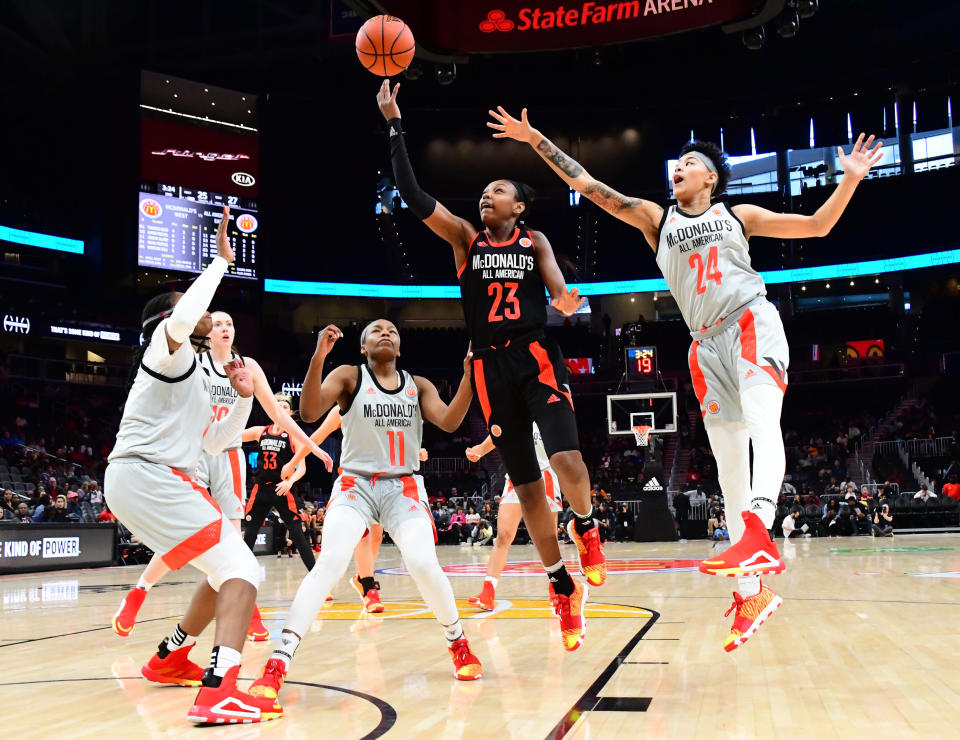 ATLANTA, GA - MARCH 27: Jordan Horston #23 of Columbus, Ohio puts up a shot during the 2019 McDonald's High School Girls All-American Game on March 27, 2019 at State Farm Arena in Atlanta, Georgia. (Photo by Scott Cunningham/Getty Images)