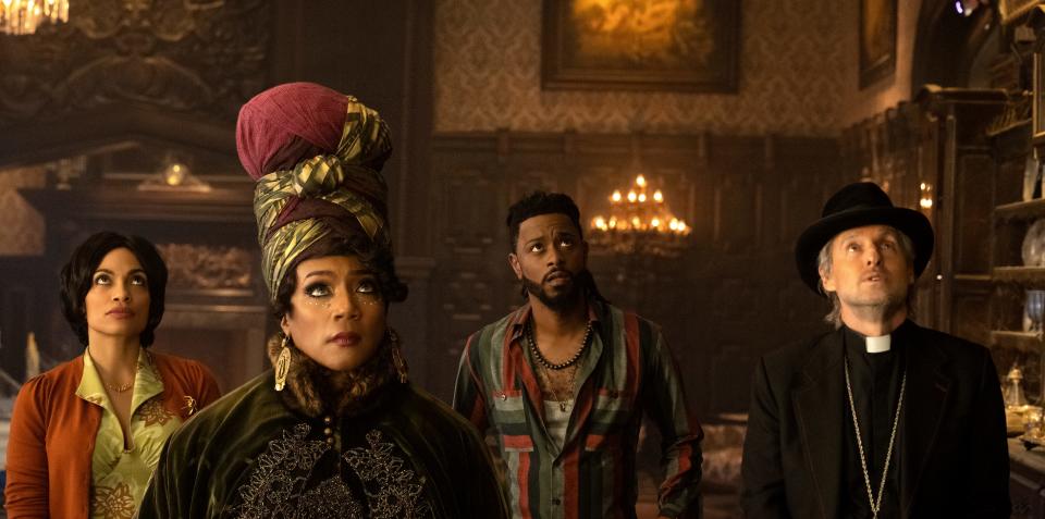 Rosario Dawson, left, Tiffany Haddish, LaKeith Stanfield and Owen Wilson lead the A-list cast of "Haunted Mansion."