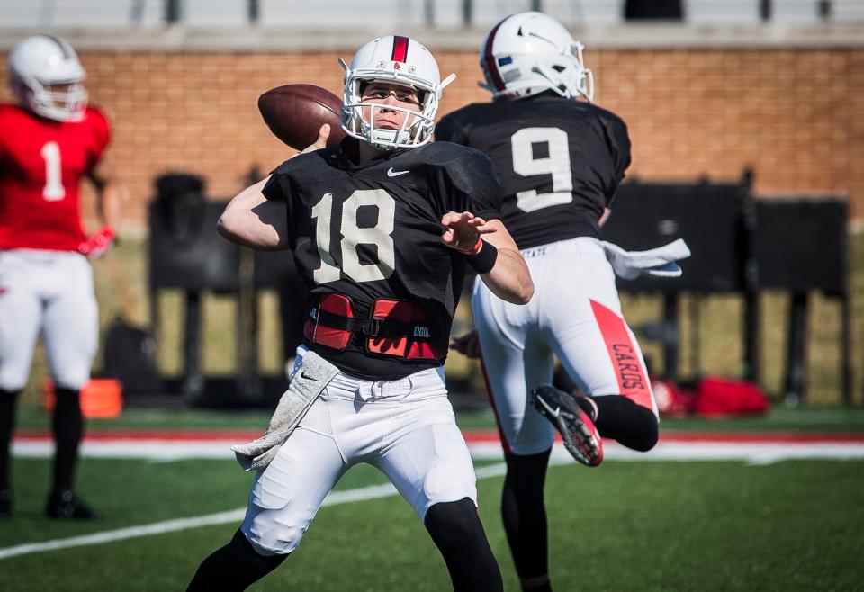 Ball State quarterback John Paddock, who used to wear No. 18, practices during spring ball at Scheumann Stadium in 2019.