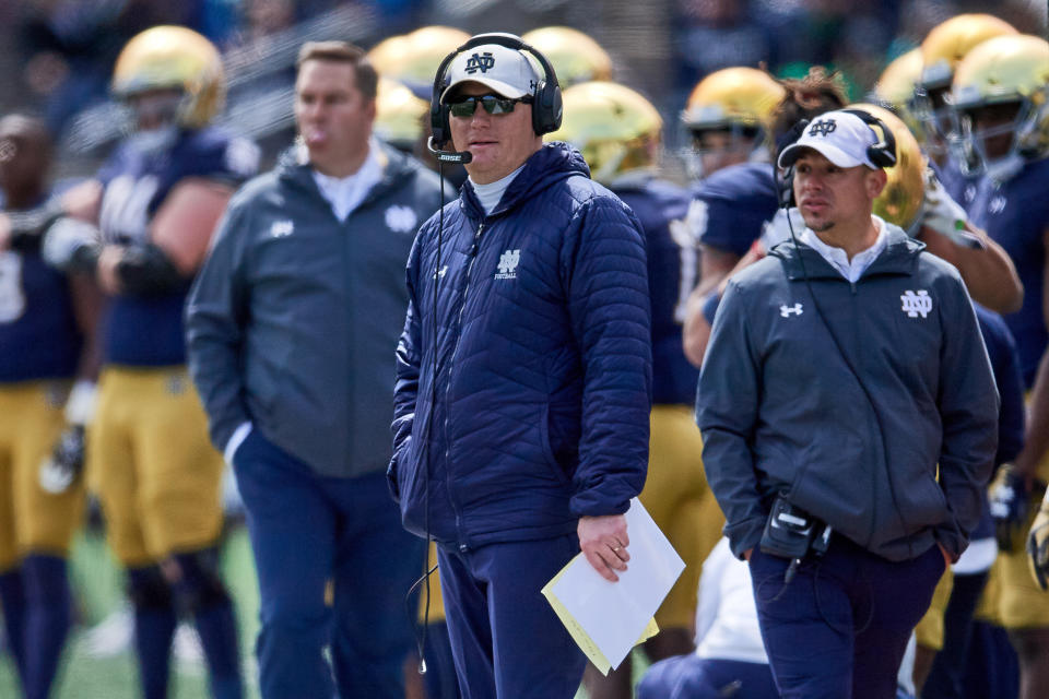 Notre Dame offensive coordinator Chip Long looks on during a game on April 13, 2019. (Robin Alam/Icon Sportswire via Getty Images)