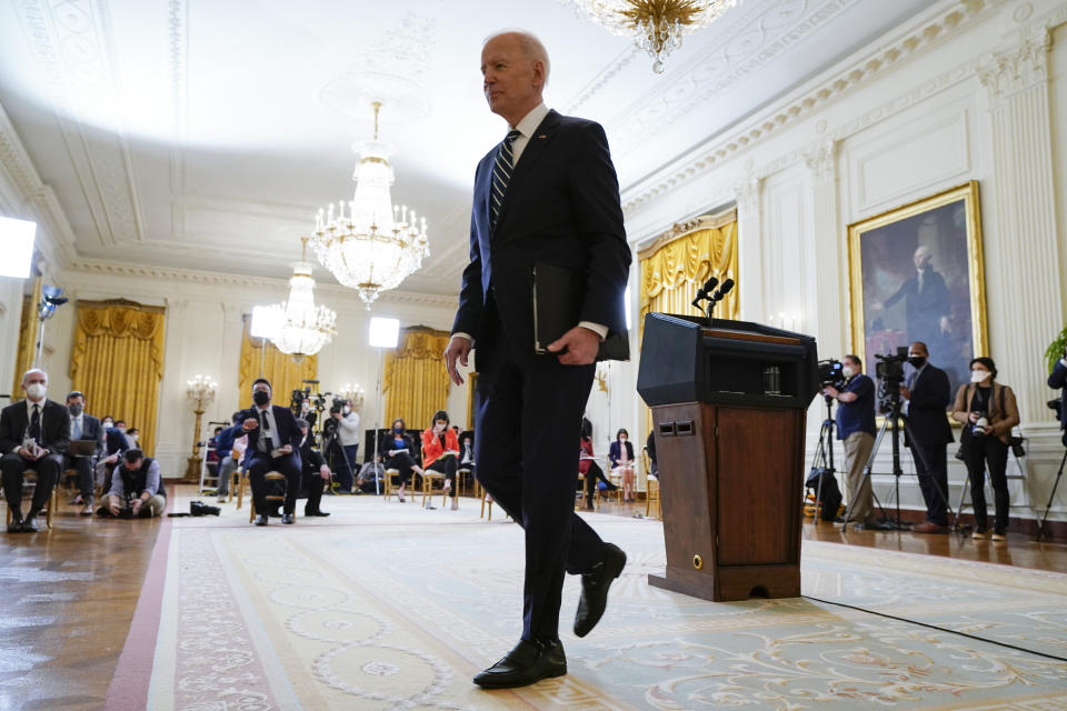 President Joe Biden leaves after speaking at a news conference in the East Room of the White House, Thursday, March 25, 2021, in Washington. (AP Photo/Evan Vucci)