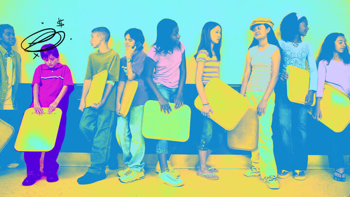 A photo illustration shows a tired-looking child standing out among other children all lined up and holding empty lunch trays.