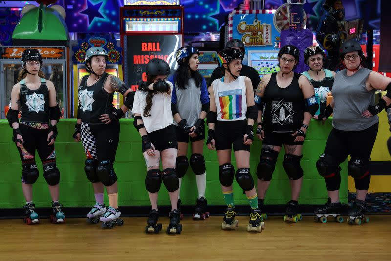 New York's Long Island Roller Rebels practice at the United Skates of America Roller Skating facility in Massapequa, New York