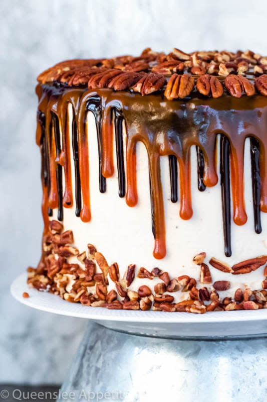 <p>Queenslee Appetit</p><p>This turtle chocolate layer cake starts with rich, decadent and moist chocolate cake layers that are filled with a caramel pecan sauce and covered in a smooth caramel frosting, then finished off with a caramel and ganache drip and chopped pecans!</p><p><strong>Get the recipe: <a href="https://www.queensleeappetit.com/turtle-chocolate-layer-cake/" rel="nofollow noopener" target="_blank" data-ylk="slk:Turtle Chocolate Layer Cake;elm:context_link;itc:0;sec:content-canvas" class="link rapid-noclick-resp">Turtle Chocolate Layer Cake</a></strong></p><p><strong>Related: <a href="https://parade.com/737855/mirarichardfioramore/the-best-keto-chocolate-desserts-for-valentines-day/" rel="nofollow noopener" target="_blank" data-ylk="slk:16 Keto-Approved Chocolate Desserts;elm:context_link;itc:0;sec:content-canvas" class="link rapid-noclick-resp">16 Keto-Approved Chocolate Desserts</a></strong></p>