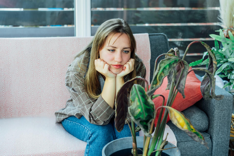 A woman sits on a couch, resting her chin on her hands, looking at a wilting plant with an expression of concern