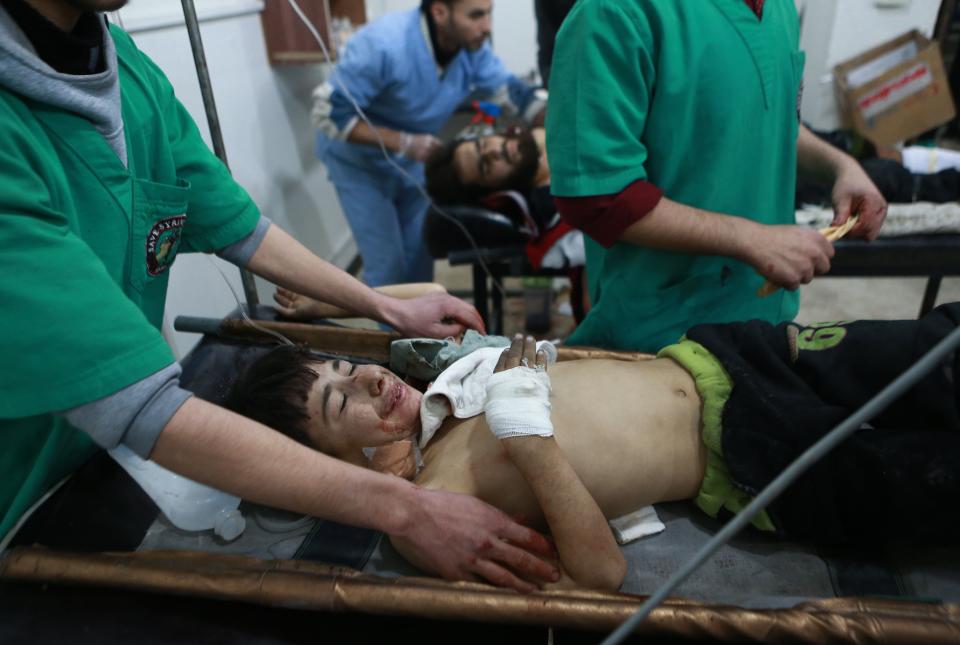 A Syrian child receives treatment at a hospital following a reported airstrike in the rebel-controlled town of Arbin, in the eastern Ghouta region on the outskirts of the capital Damascus, on Dec. 3, 2017. (Photo:Abudlmonam Eassa/AFP/Getty Images)