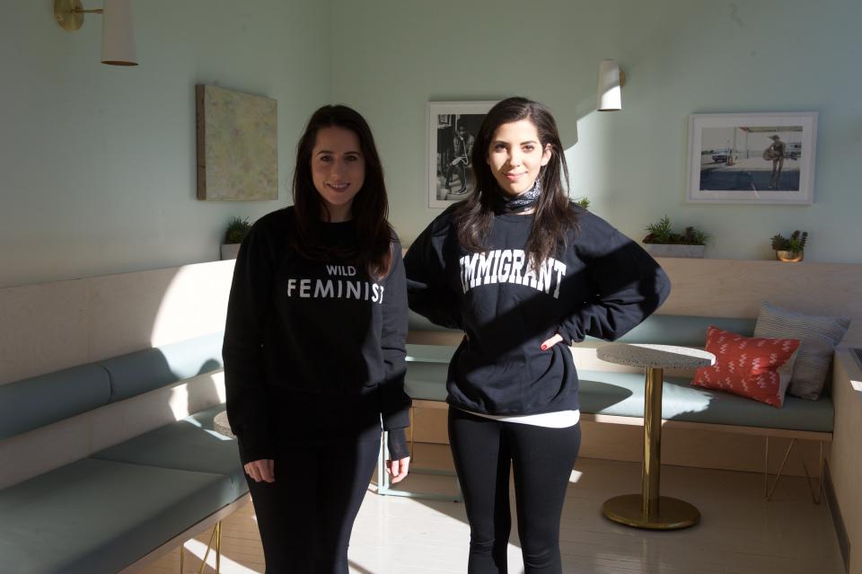 Sara Martin (L) and Sarah Taylor (R) at The Wing before the Women's March on NYC began on Jan. 20, 2018.&nbsp;