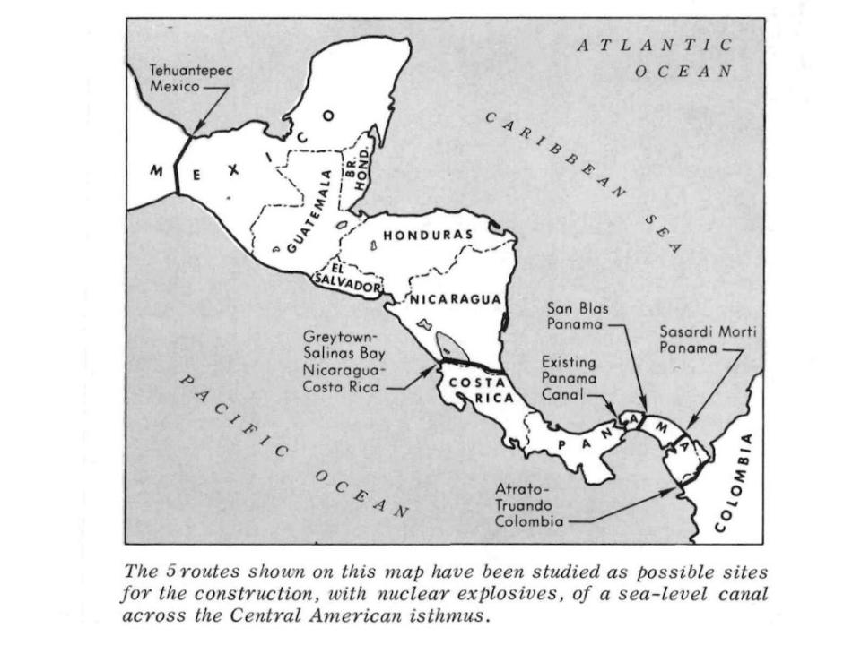 a diagram shows on a map where alternative routes to the Panama canal could go.