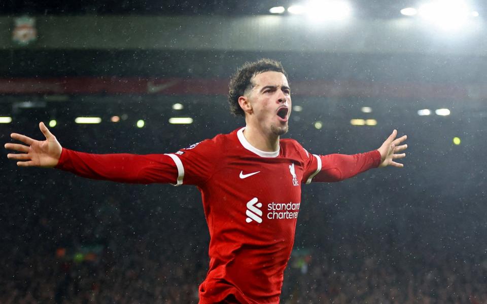 Liverpool's Curtis Jones celebrates scoring his second goal against Newcastle