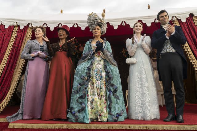 <p>Liam Daniel/Netflix</p> Ruth Gemmell as Lady Violet Bridgerton, Adjoa Andoh as Lady Agatha Danbury, Golda Rosheuvel as Queen Charlotte, Hannah Dodd as Francesca Bridgerton, and David Mumeni as Lord Samadani