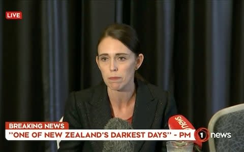 Prime Minister Jacinda Ardern speaking on live television following the attacks in Christchurch  - Credit: Reuters