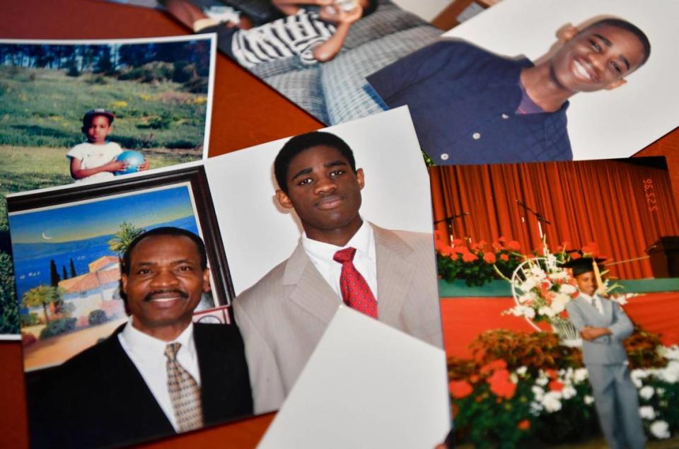 A collage of photos of Osaze Osagie, including one with his father, Sylvester.