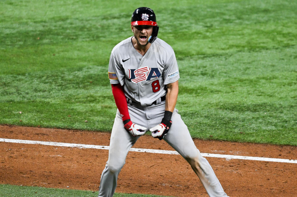 MIAMI, FLORIDA - MARCH 18: Trea Turner #8 of Team USA hits a grand slam in the top of the 8th inning during the 2023 World Baseball Classic Quarterfinal game between Team USA and Team Venezuela at loanDepot park on March 18, 2023 in Miami, Florida.  (Photo by Gene Wang/Getty Images)