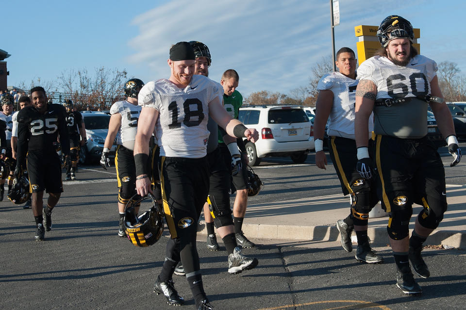 COLUMBIA, MO - NOVEMBER 10: Members of the University of Missouri Tigers football team return to practice at Memorial Stadium at Faurot Field on November 10, 2015 in Columbia, Missouri. The university looks to get things back to normal after the recent protests on campus that lead to the resignation of the school's President and Chancellor on November 9. (Photo by Michael B. Thomas/Getty Images)