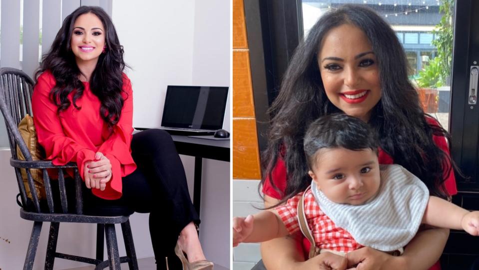 Miriam Sawan at her desk at home (left) and with her baby (right).