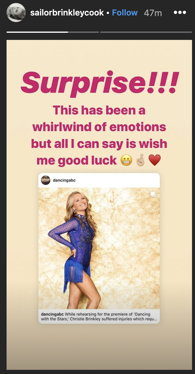 Sailor Brinkley Cook shared the announcement with her Instagram followers on Monday as well. (Screenshot: Sailor Brinkley Cook via Instagram)