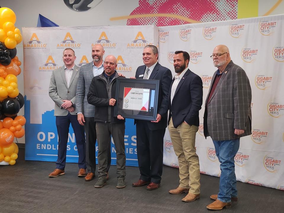 Vexus Fiber and City of Amarillo officials celebrate the naming of Amarillo as a certified Gigabit City Tuesday morning at official announcement held at Innovation Outpost.