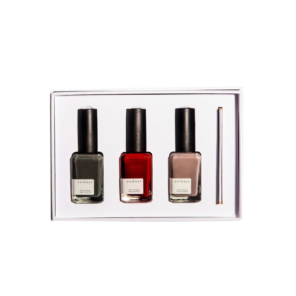 <p>"This female-founded small business makes nontoxic nail <br>polish in beautiful colors. These boxes are great gifts because you can customize them with your favorite shades," says the mom of three who shares daughters Honor, 13, and Haven, 10, and son Hayes, 3, with husband Cash Warren.</p> <p><b>Buy It! </b>Polish box, $55; <a href="https://dearsundays.com/product/nail-polish/gifts/sundays-polish-box-of-3/" rel="sponsored noopener" target="_blank" data-ylk="slk:dearsundays.com" class="link rapid-noclick-resp">dearsundays.com</a></p>