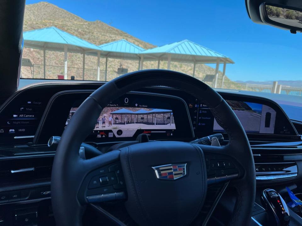 The 2023 Cadillac Escalade-V ESV has three OLED screens stretching 38 inches from the driver's door to the middle of the vehicle