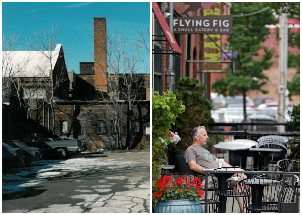 This combination photo shows, left, an undated photo provided by Great Lakes Brewing showing Cleveland's Ohio City neighborhood in 1988, and right, Paul Nasvytis enjoying his morning coffee at Koffie Cafe across from the Great Lakes Brewing Co., on July 1, 2013, in Cleveland. Great Lakes opened in Cleveland's Ohio City neighborhood in 1988. The downtown neighborhood was "perceived as dangerous and blighted" into the 1980s, says Eric Wobser, whoe works for Ohio City Inc., a nonprofit that promotes residential and commercial development while trying to preserve the neighborhood's older buildings. (AP Photo/Great Lakes)