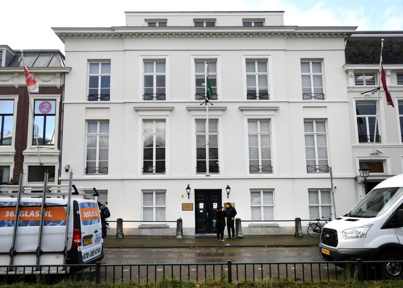 The exterior of the Embassy of Saudi Arabia is pictured after unidentified assailants sprayed it with gunfire, in The Hague